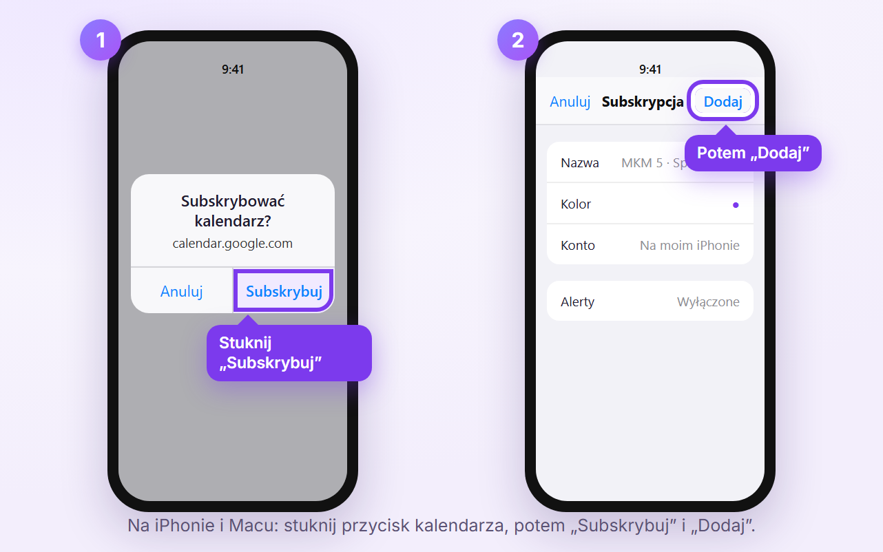 Zrzut ekranu: subskrypcja kalendarza MKM 5 na iPhonie