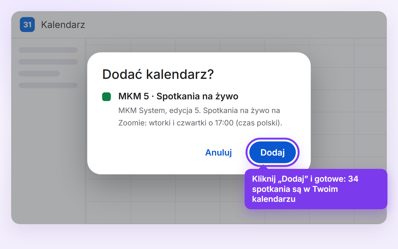Zrzut ekranu: dodawanie kalendarza MKM 5 w Kalendarzu Google