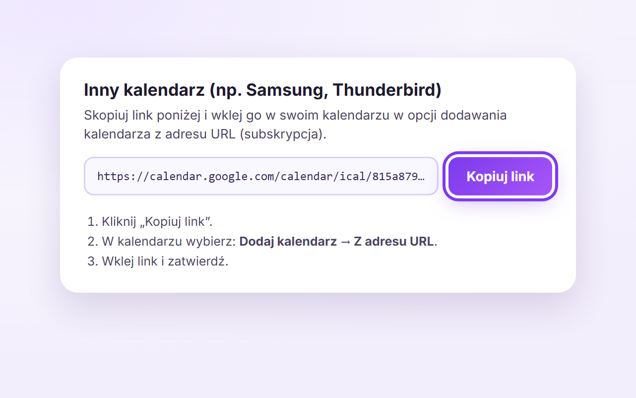 Zrzut ekranu: dodawanie kalendarza z adresu URL