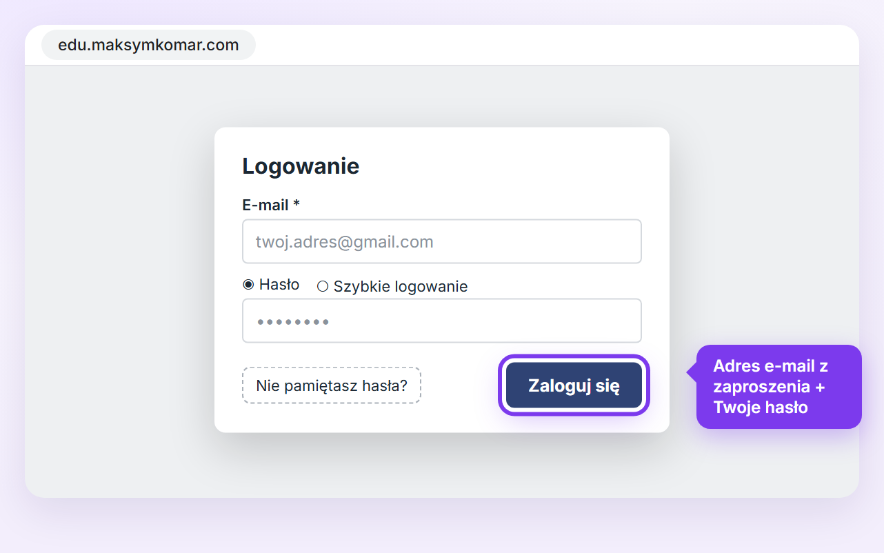 Zrzut ekranu: logowanie na platformie edu.maksymkomar.com
